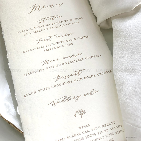 menu di nozze carta cotone fatta a mano