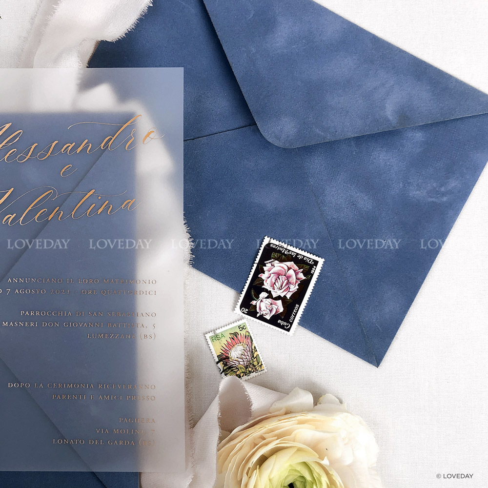 busta matrimonio velluto blu elegante by Loveday