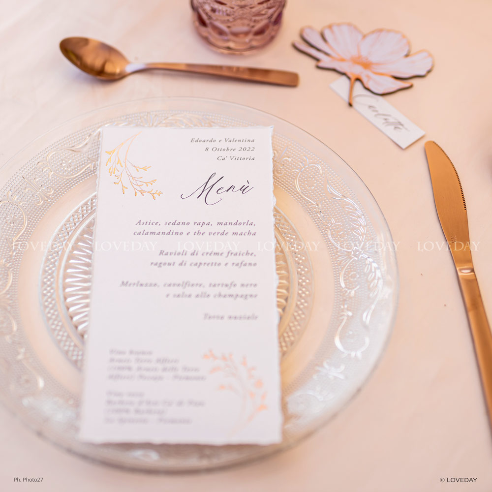 menu matrimonio carta cotone motivo floreale oro rosa by Loveday