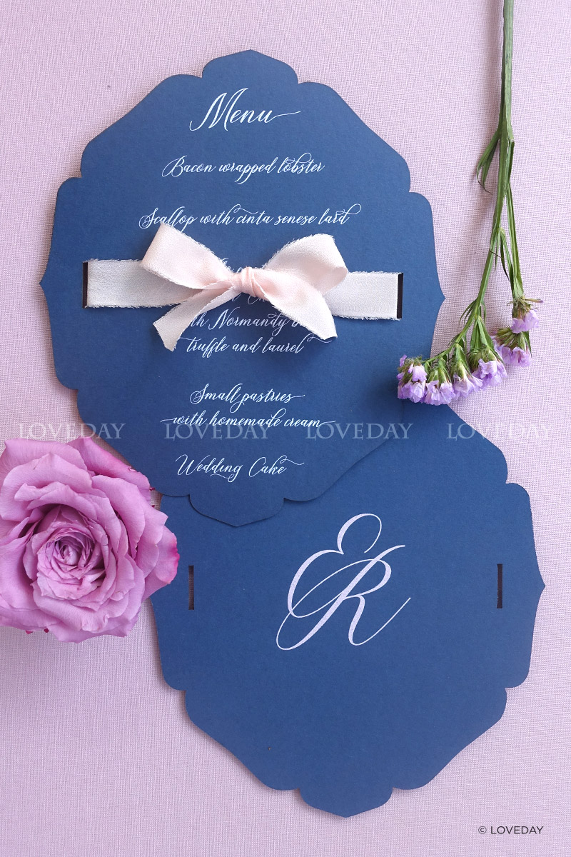 menu di nozze blu stampa bianca by Loveday